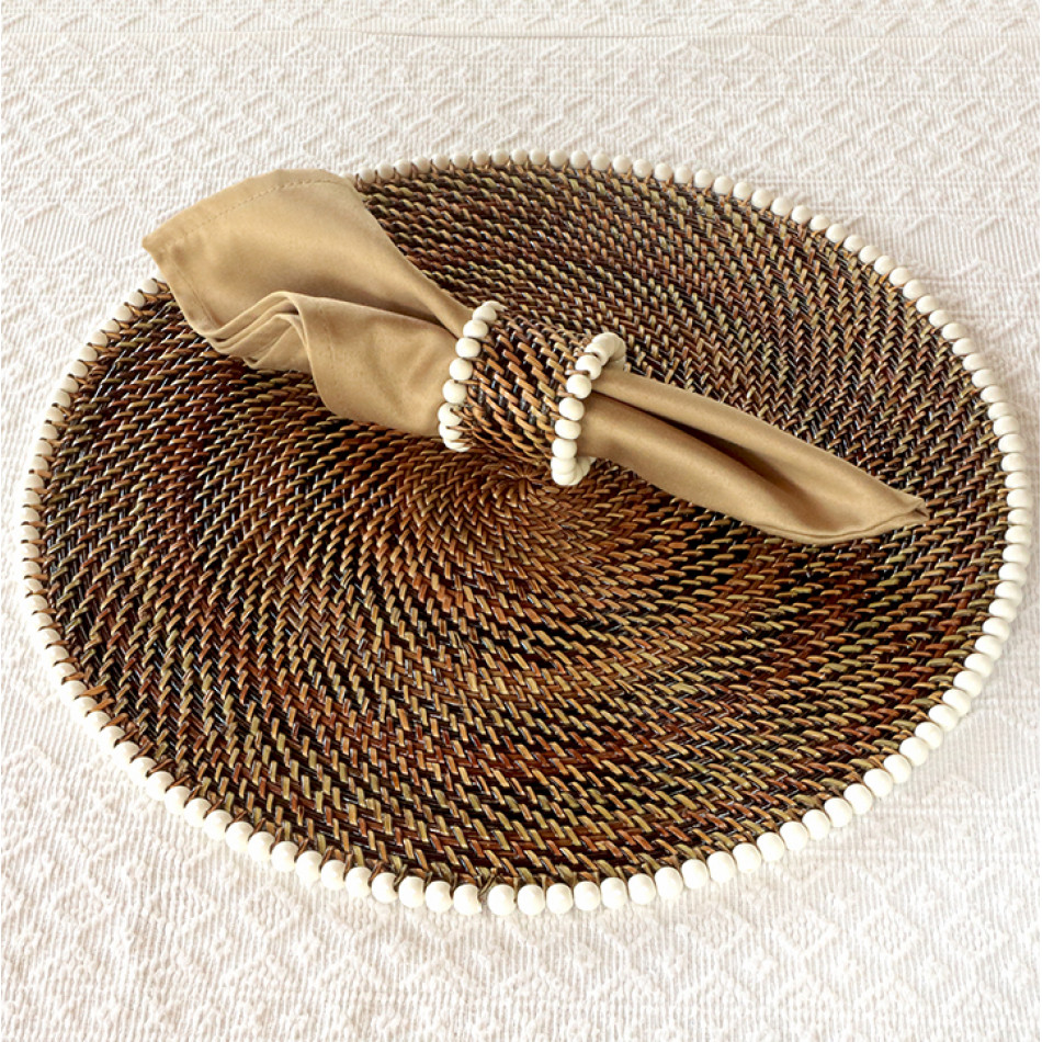 Round Placemat with White Beads 14 in L x 14 in W 0.125 in H