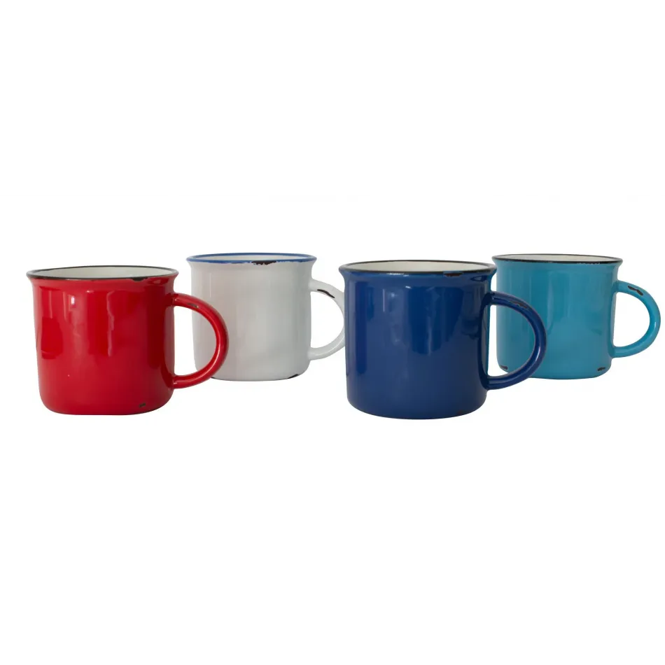 Tinware Mug Set Summer (Includes Red, Blue, Teal, White w/ Blue Rim)