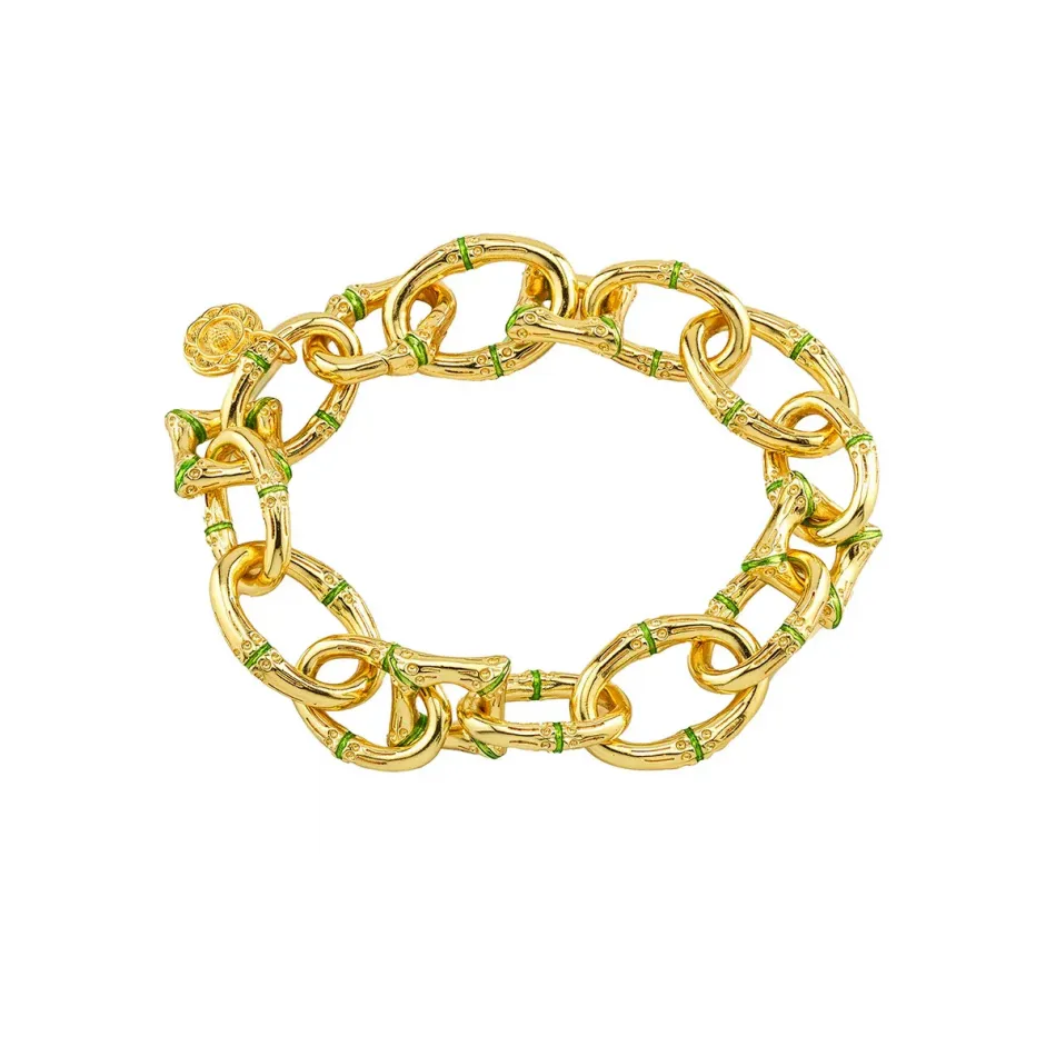 Bangkok Bamboo Gold/Green Enamel Link Bracelet 7.25"