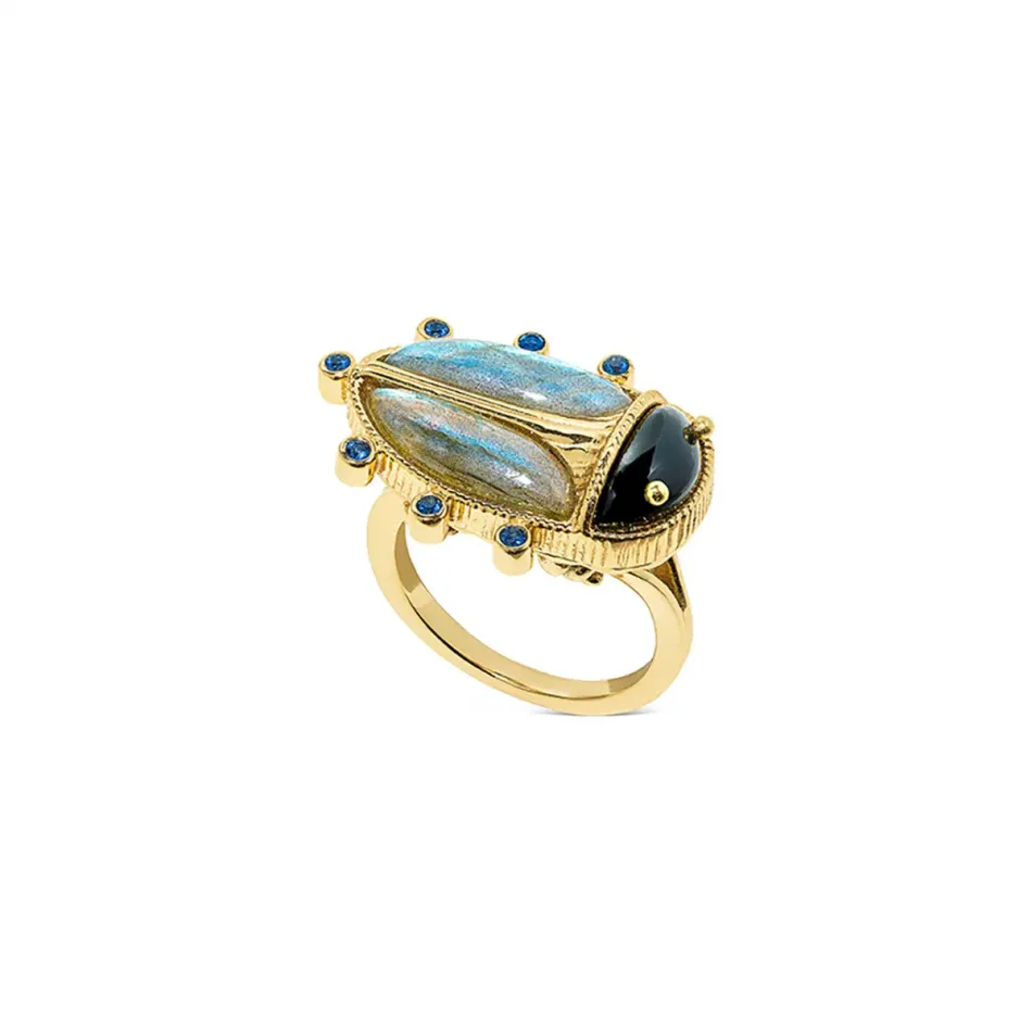 Scarab Blue Labradorite/Black Agate Ring Size 7