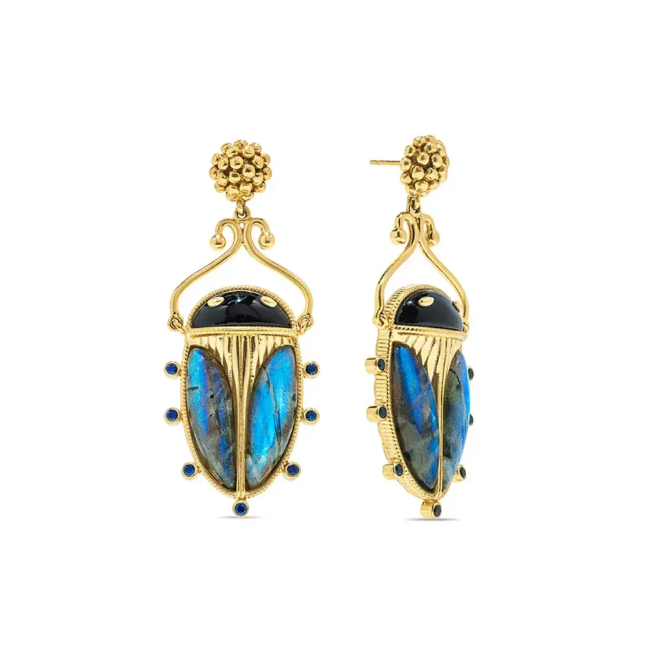 Scarab Berry Blue Labradorite/Black Agate Drop Earrings