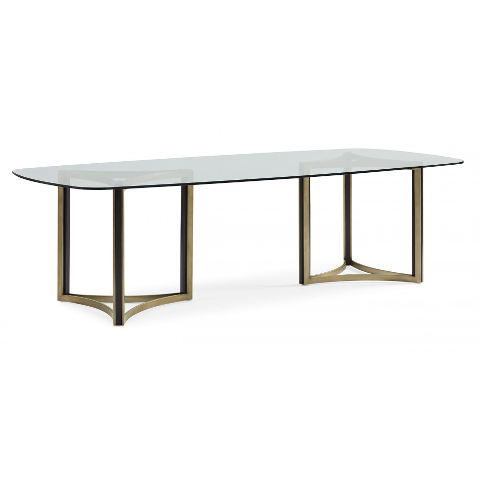 Remix Dbl Ped Glass Top Tbl Dining Table Cerused Oak, Bronze Gold Metal