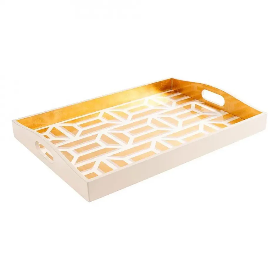 Garden Gate White/Gold Lacquer Large Rectangular Tray 15" x 21"