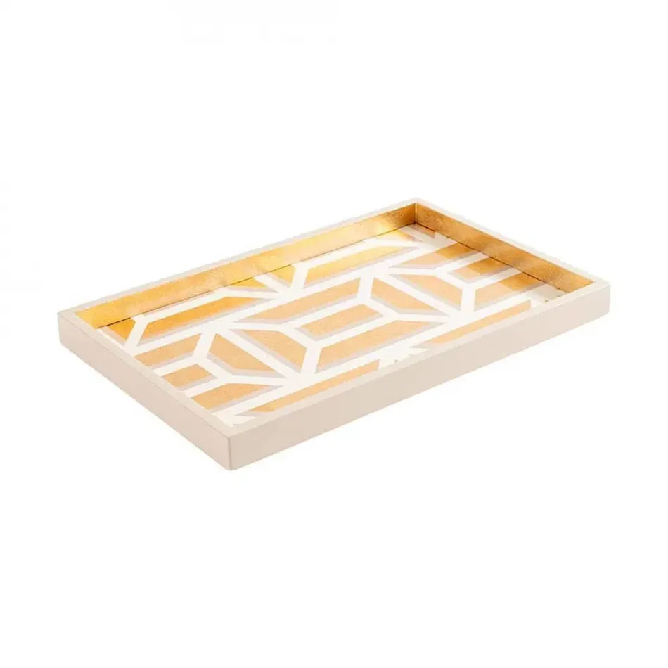 Garden Gate White/Gold Lacquer Small Rectangular Tray 8 7/8" x 13 3/4"