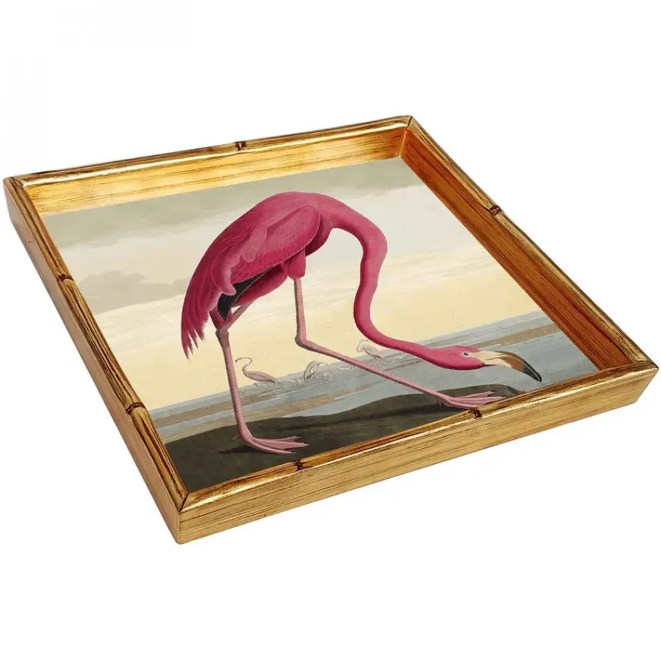 Audubon Flamingo Bamboo Edge Square Lacquer Tray