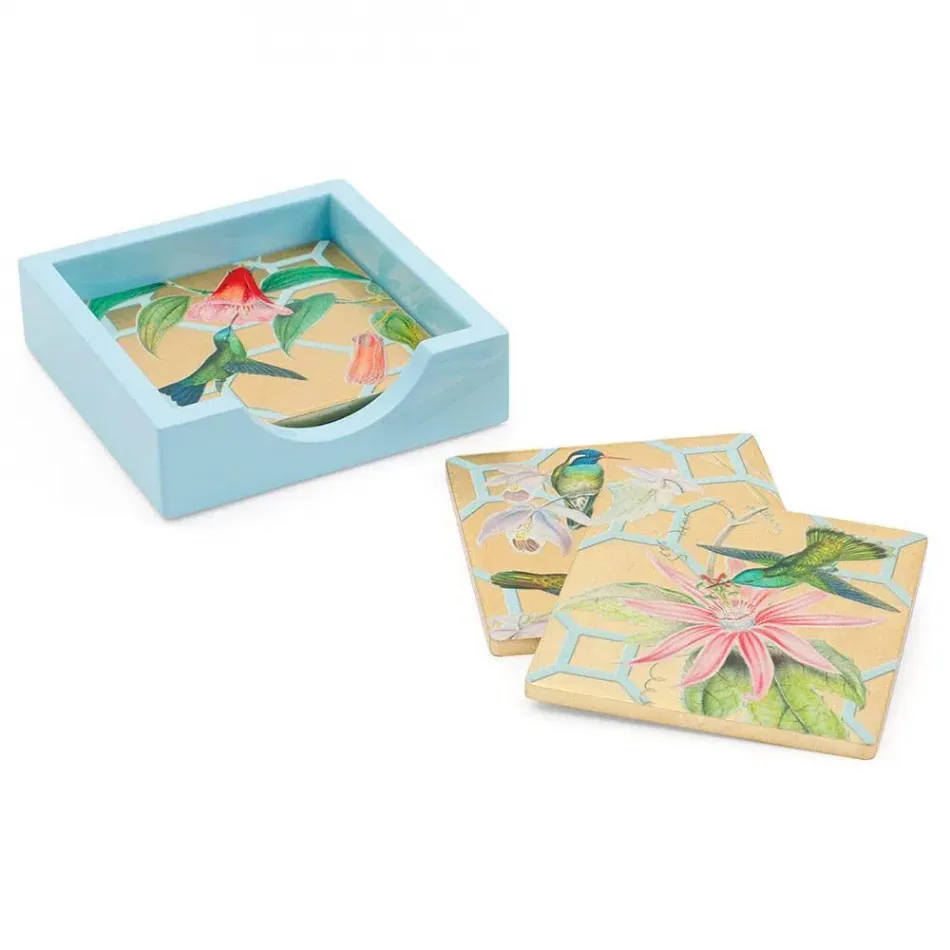 Hummingbird Trellis Gold Lacquer Coasters Set of Four 4" x 4" in Holder