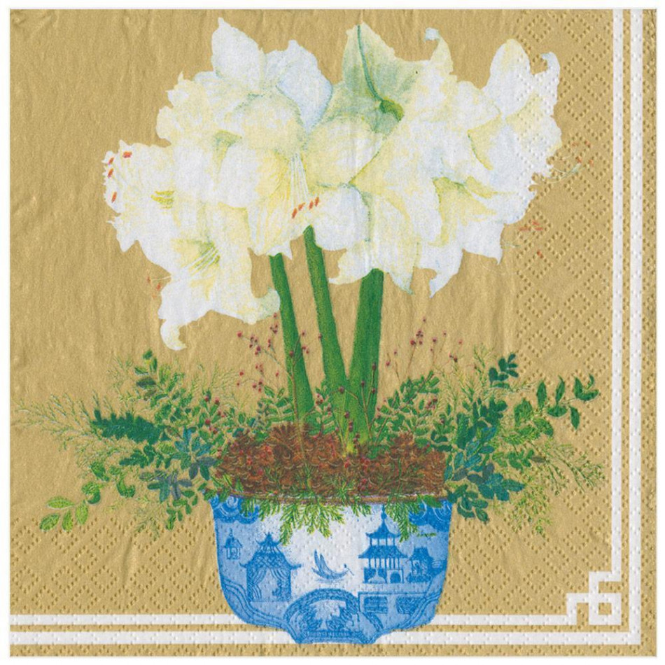 Potted Amaryllis Paper Dinner Napkins Gold, 20 Per Pack