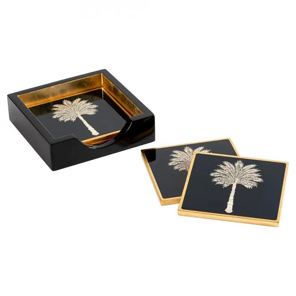 Grand Palms Black Lacquer Coasters Set of Four 4" x 4" in Holder
