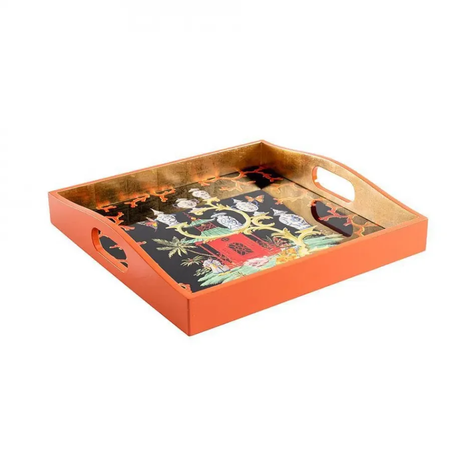 Rococo Fantasy Black Lacquer Square Tray 14" x 14"
