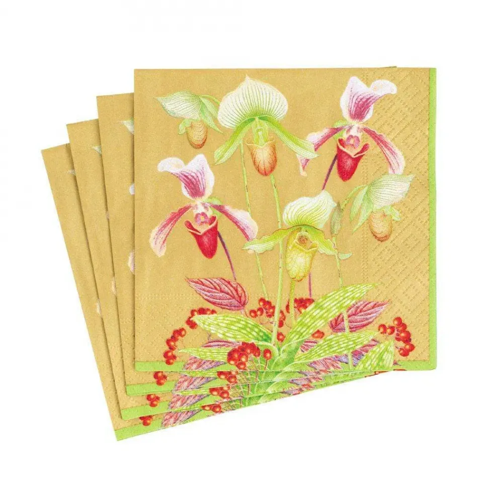 Slipper Orchid Paper Luncheon Napkins in Gold, 20 Per Pack