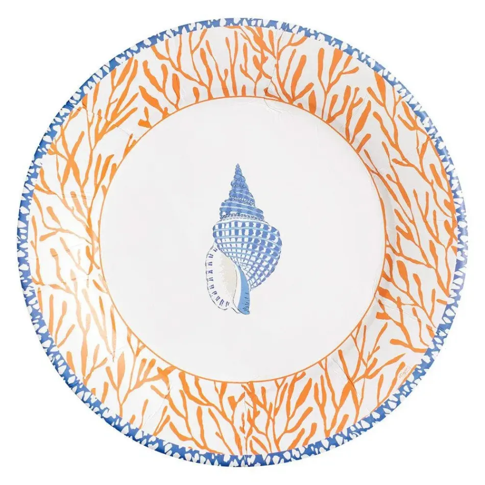 Shell Toile Coral/Blue Dinner Paper Plates, 8 per Pack