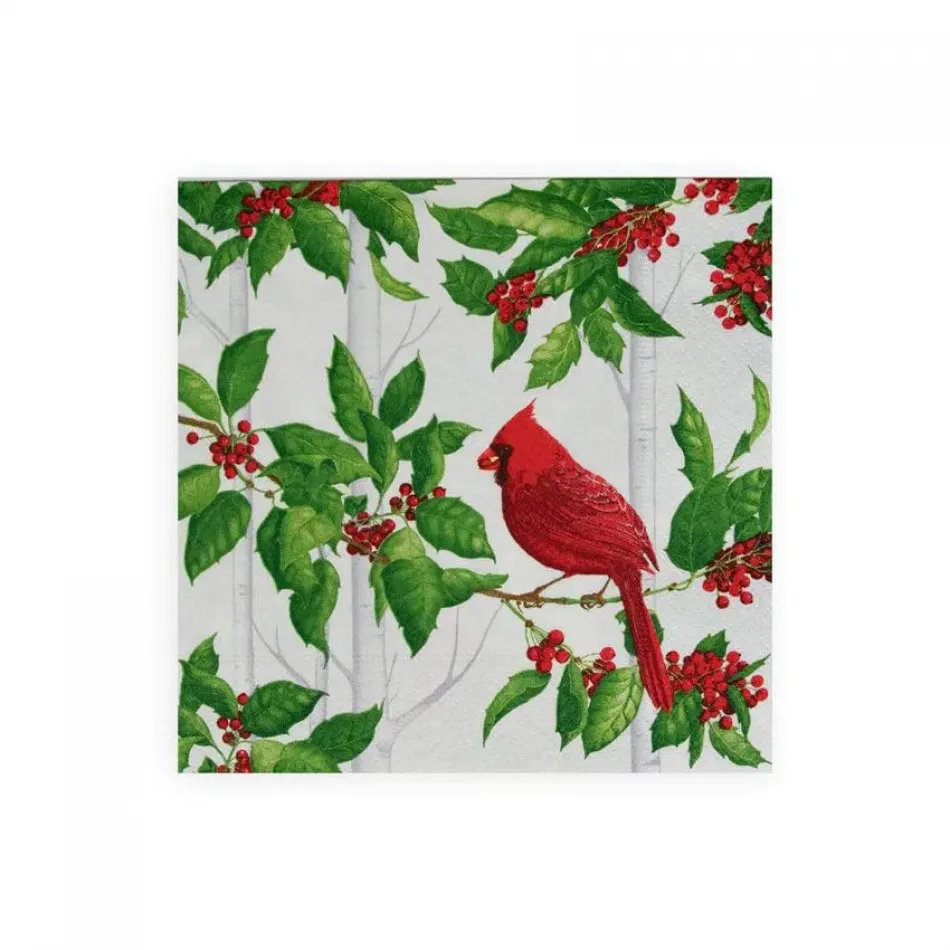 Holly And Songbirds White/Silver Paper Luncheon Napkins, 20 per Pack