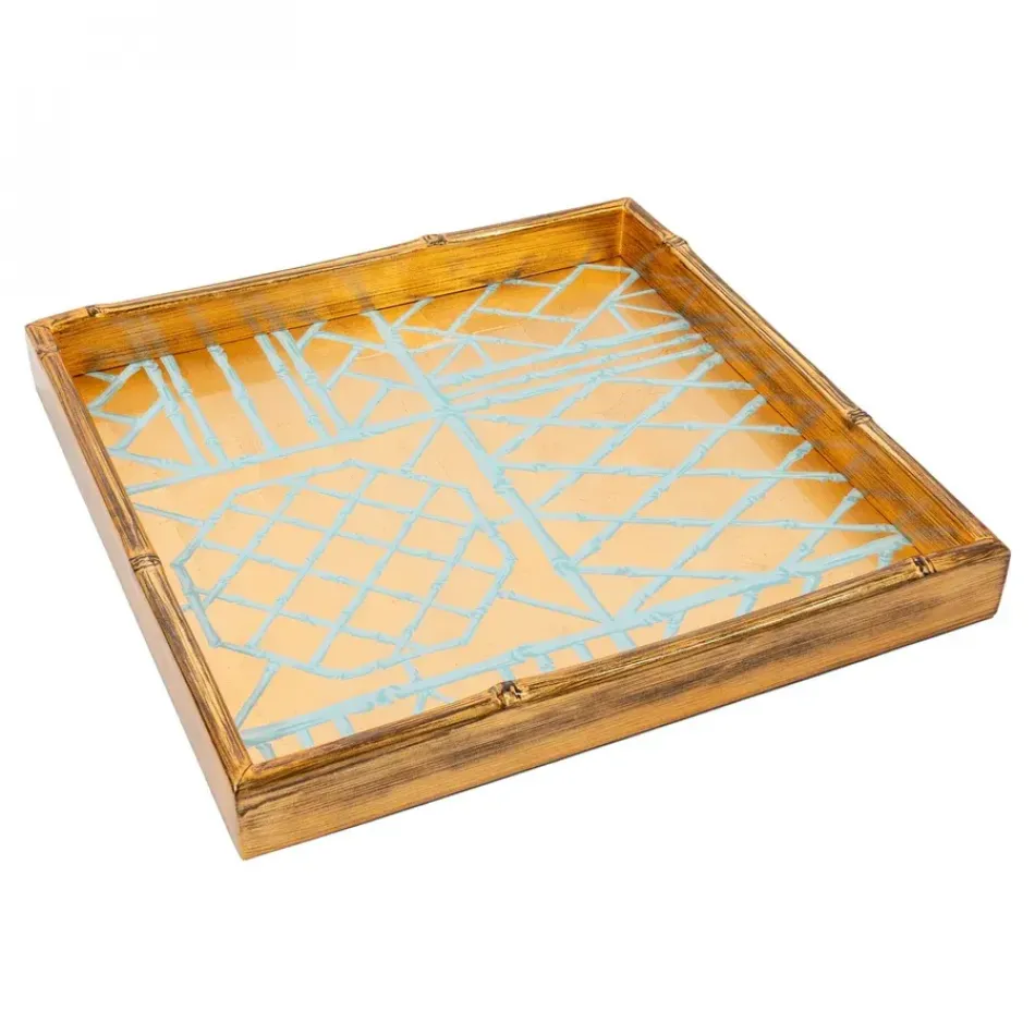 Bamboo Screen Robin's Egg Bamboo Edge Square Lacquer Tray