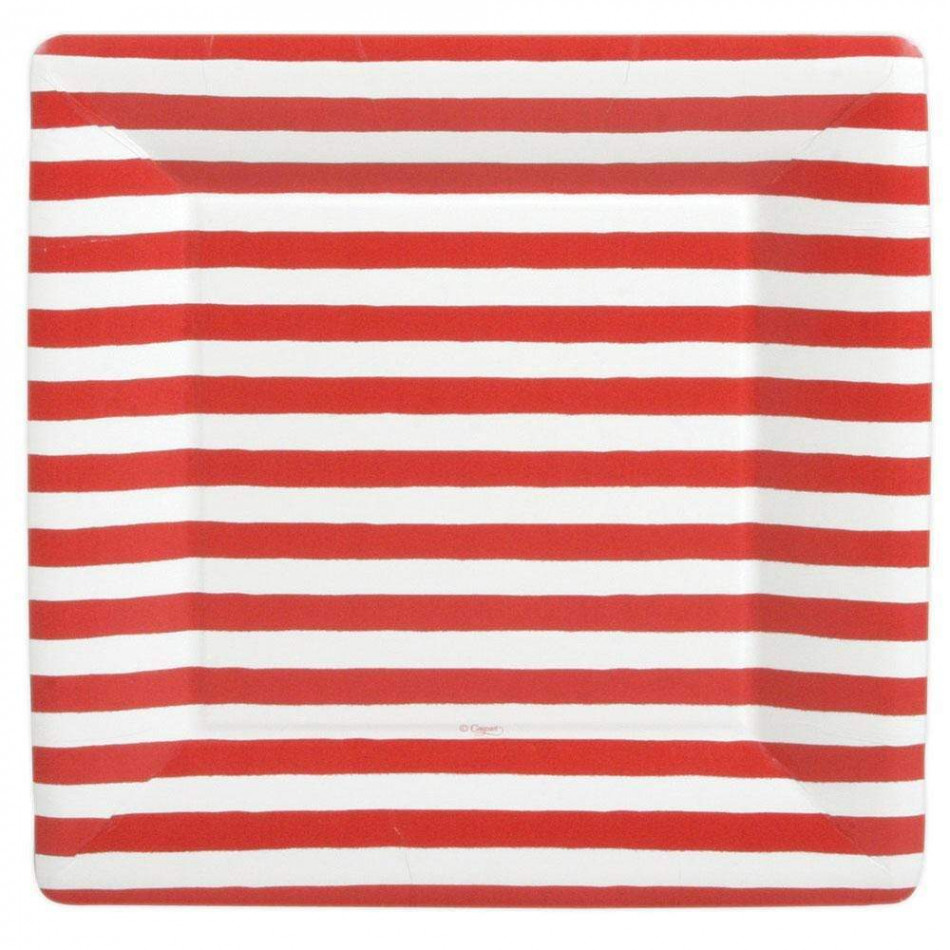 Red and White Stripe Square Paper Dinner Plates, 8 Per Pack