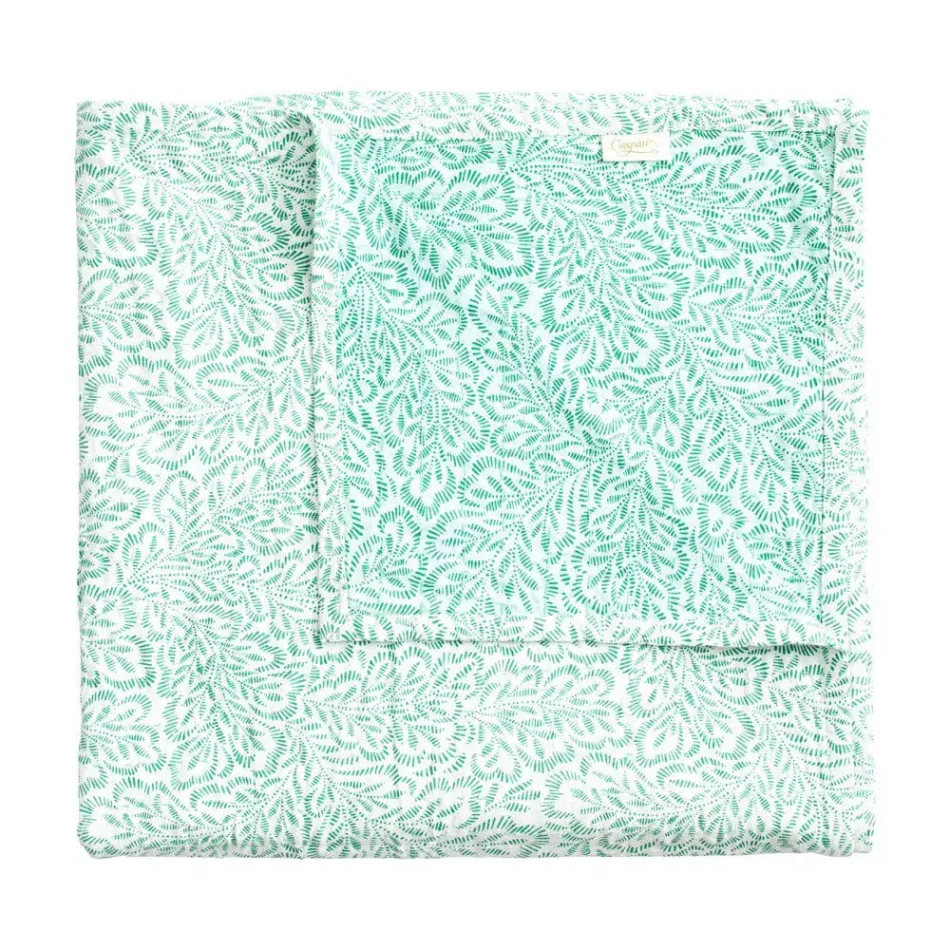 Block Print Leaves Green Reversible Cotton Tablecloth 70.5 X 70.5 Inch