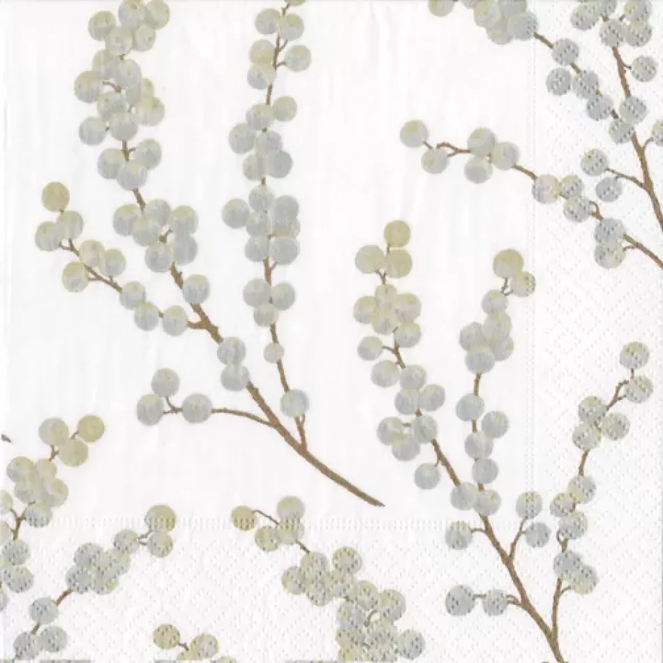 Berry Branches White/Silver Boxed Paper Cocktail Napkins, 40 Per Box