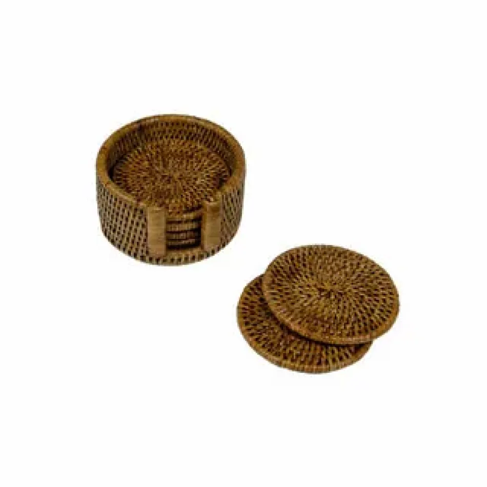 Rattan Round Coaster and Holder Set Natural (6 Coasters and 1 Napkin Holder)