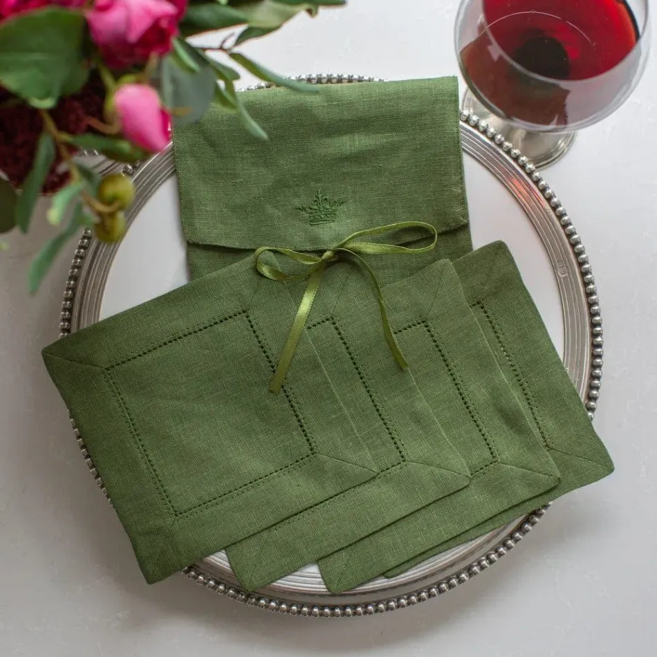 Hemstitch, Evergreen 6" Square Set of Four Cocktail Napkins