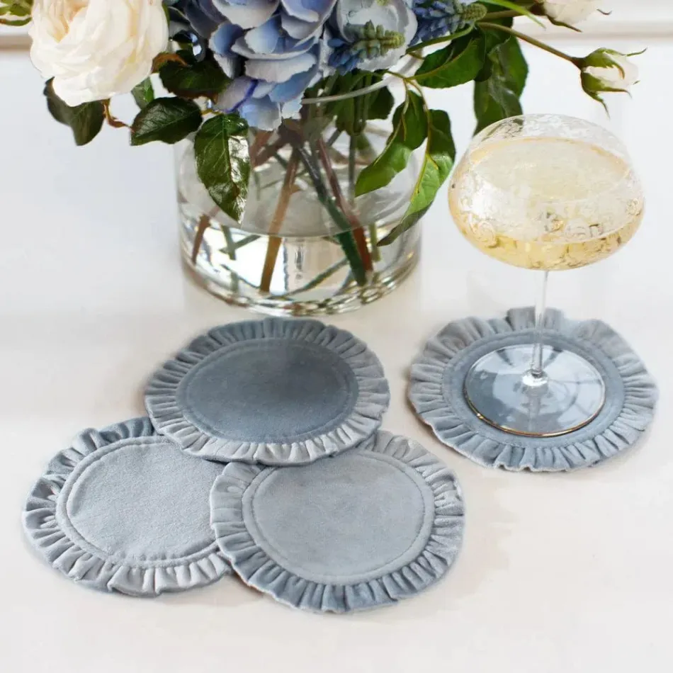 Round Ruffle, Velvet Light Blue 6" Round Set of Four Cocktail Napkins