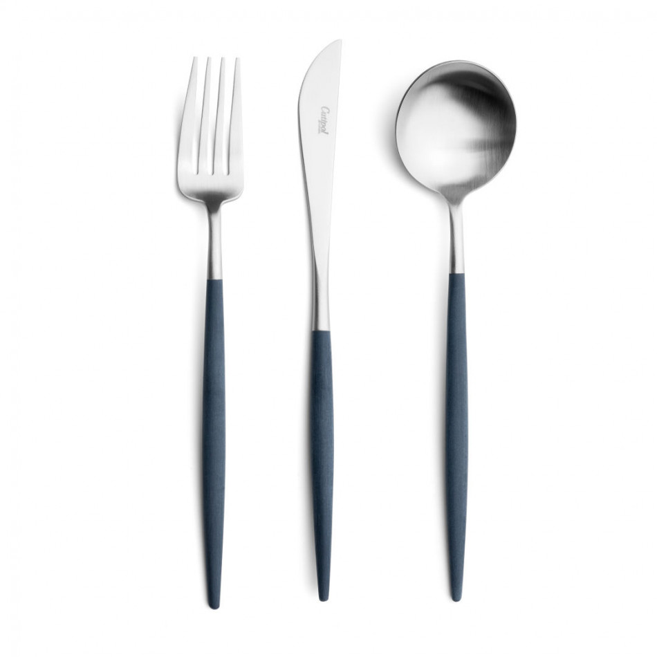 Goa Blue Handle/Steel Matte 75 pc Set Special Order (12x: Dinner Knives, Dinner Forks, Table Spoons, Coffee/Tea Spoons, Dessert Knives, Dessert Forks; 1x: Soup Ladle, Serving Spoon, Serving Fork)
