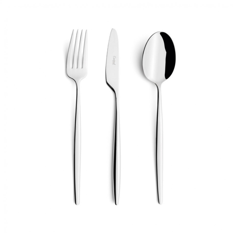 Solo Steel Polished 130 pc Set (12 each: Dinner Knives, Dinner Forks, Table Spoons, Tea Spoons, Mocha Spoons, dessert Knives, dessert Forks, dessert Spoons, fish Knives, fish Forks; 1 each: soup Ladle, carving Knife, Serving Fork, Serving Spoon, 2-pc salad Serving Set, gravy Ladle, cheese Knife, sugar Ladle, cake Server) (Special Order)