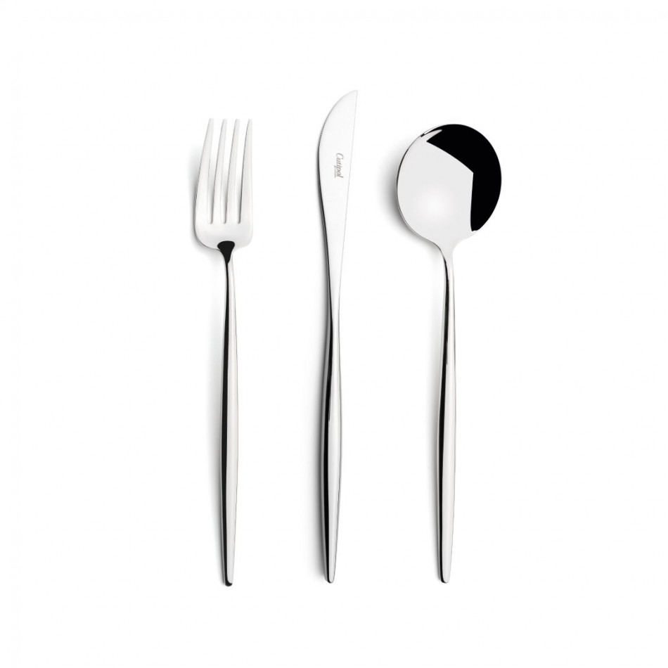 Moon Steel Polished 130 pc Set Special Order (12x: Dinner Knives, Dinner Forks, Table Spoons, Coffee/Tea Spoons, Mocha Spoons, Dessert Knives, Dessert Forks, Dessert Spoons, Fish Knives, Fish Forks; 1x: Soup Ladle, Serving Knife, Serving Fork, Serving Spoon, Sauce Ladle, Cheese Knife, Sugar Ladle, Pie Server, Fish Serving Knife, Fish Serving Fork)