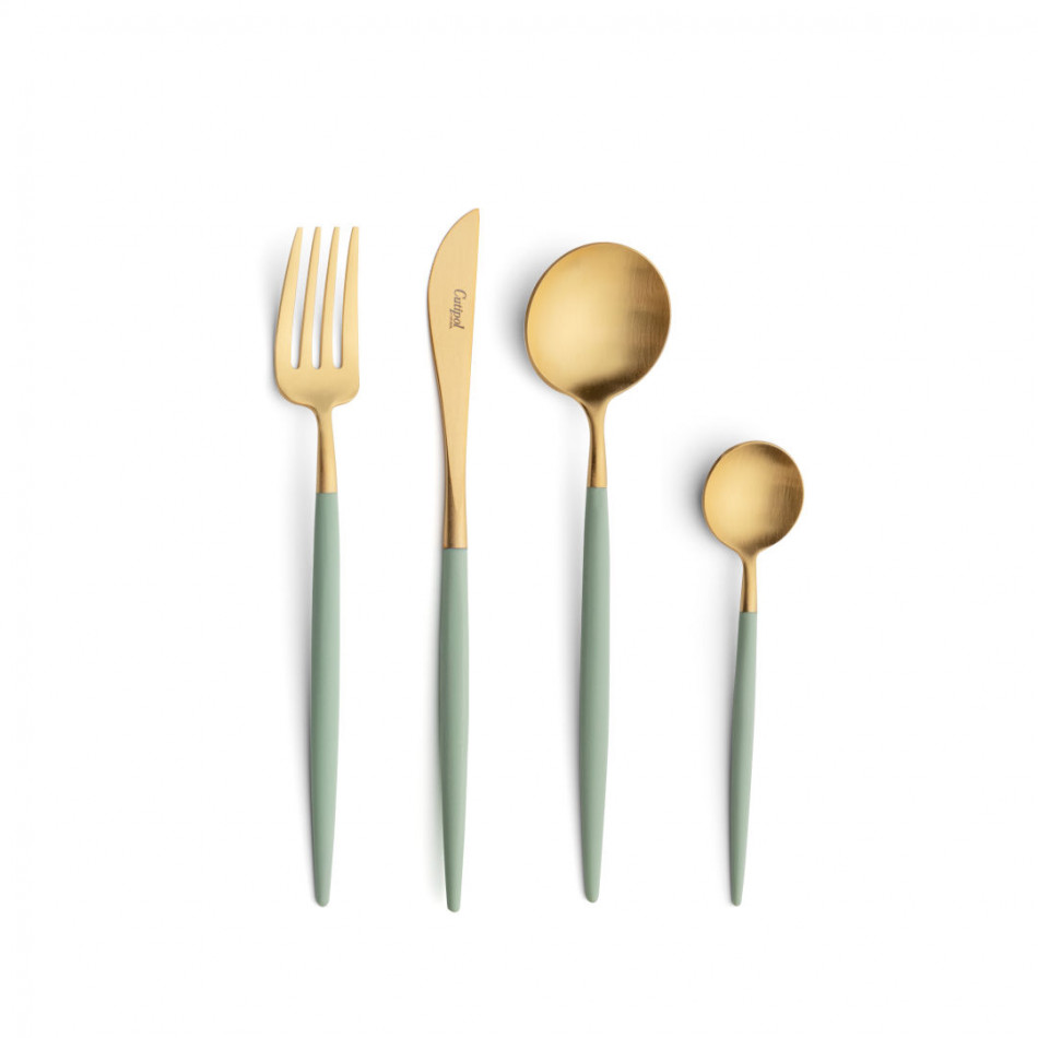 Goa Celadon Handle/Gold Matte 24 pc Set (6x Dinner Knives, Dinner Forks, Table Spoons, Coffee/Tea Spoons)