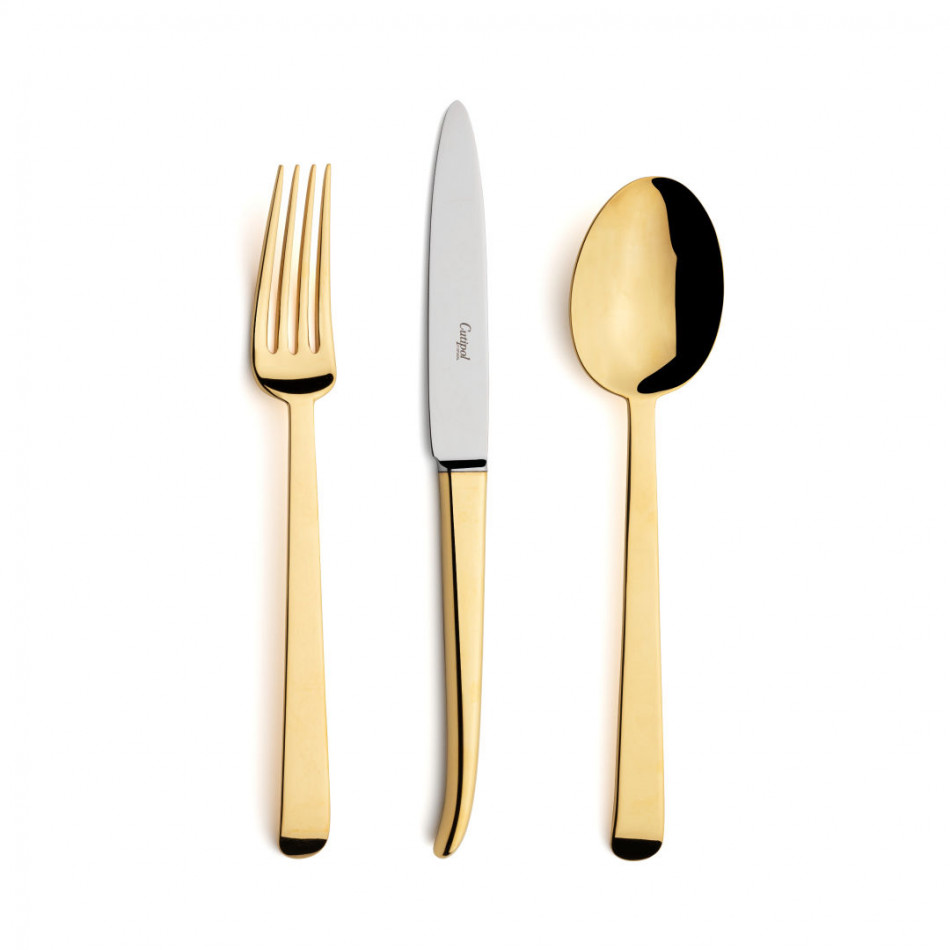 Ergo Gold Polished 130 pc Set Special Order (12x: Dinner Knives, Dinner Forks, Table Spoons, Coffee/Tea Spoons, Mocha Spoons, Dessert Knives, Dessert Forks, Dessert Spoons, Fish Knives, Fish Forks; 1x: Soup Ladle, Serving Knife, Serving Fork, Serving Spoon, Sauce Ladle, Cheese Knife, Sugar Ladle, Pie Server, Fish Serving Knife, Fish Serving Fork)