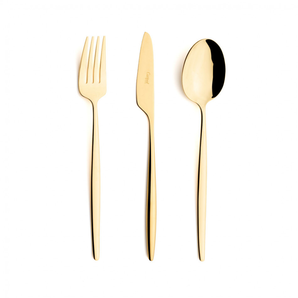 Solo Gold Polished 75 pc Set Special Order (12x: Dinner Knives, Dinner Forks, Table Spoons, Coffee/Tea Spoons, Dessert Knives, Dessert Forks; 1x: Soup Ladle, Serving Spoon, Serving Fork)
