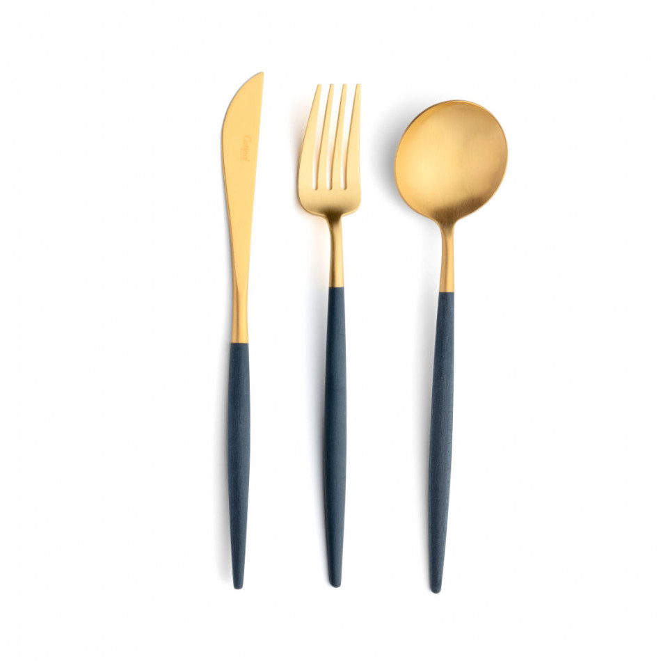 Goa Blue Handle/Gold Matte 5 pc Set (Dinner Knife, Dinner Fork, Table Spoon, Dessert Fork, Dessert Spoon)
