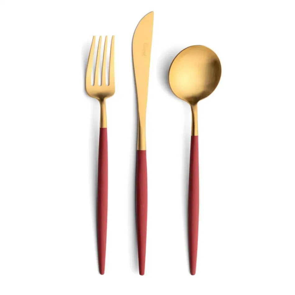 Goa Red Handle/Gold Matte 130 pc Set Special Order (12x: Dinner Knives, Dinner Forks, Table Spoons, Coffee/Tea Spoons, Mocha Spoons, Dessert Knives, Dessert Forks, Dessert Spoons, Fish Knives, Fish Forks; 1x: Soup Ladle, Serving Knife, Serving Fork, Serving Spoon, Sauce Ladle, Cheese Knife, Sugar Ladle, Pie Server, Fish Serving Knife, Fish Serving Fork)