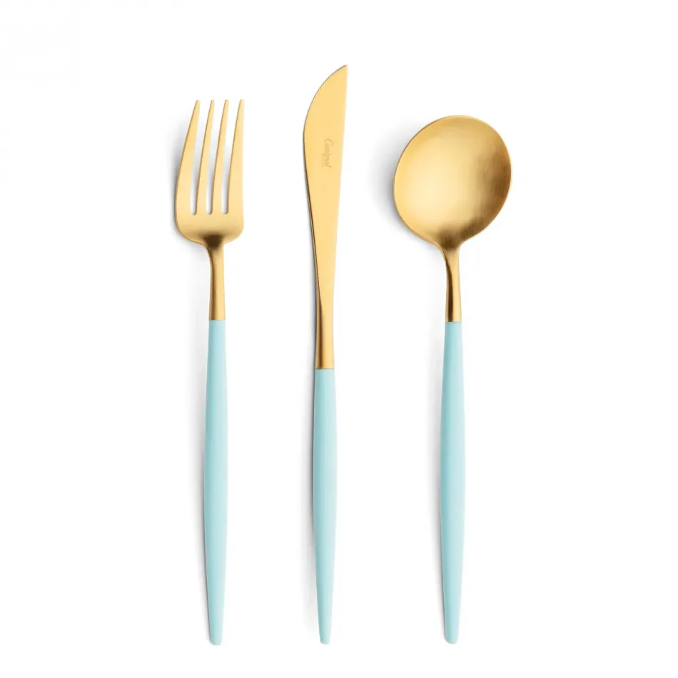 Goa Turquoise Handle/Gold Matte 75 pc Set Special Order (12x: Dinner Knives, Dinner Forks, Table Spoons, Coffee/Tea Spoons, Dessert Knives, Dessert Forks; 1x: Soup Ladle, Serving Spoon, Serving Fork)