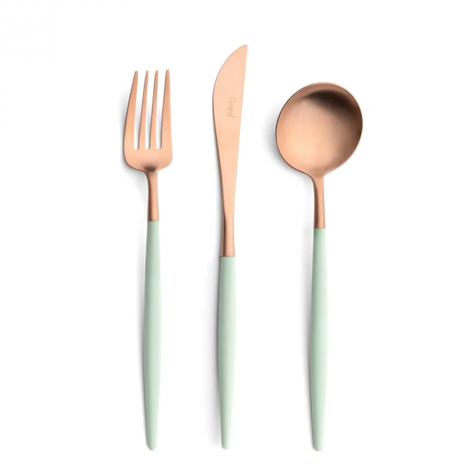 Goa Celadon Handle/Rose Gold Matte 5 pc Set (Dinner Knife, Dinner Fork, Table Spoon, Dessert Fork, Dessert Spoon)