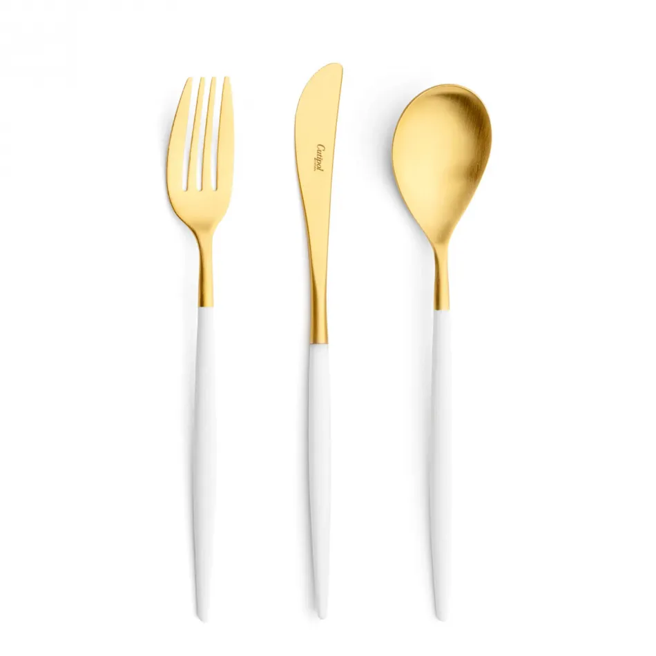 Mio White Handle/Gold Matte 75 pc Set Special Order (12x: Dinner Knives, Dinner Forks, Table Spoons, Coffee/Tea Spoons, Dessert Knives, Dessert Forks; 1x: Soup Ladle, Serving Spoon, Serving Fork)