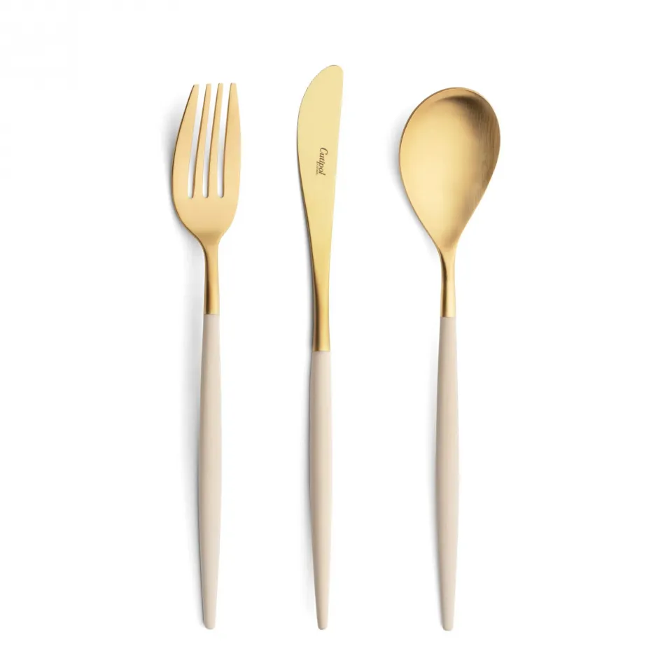 Mio Gold Ivory Handle/Steel Matte 60 pc Set Special Order (6x Dinner Knives, Dinner Forks, Table Spoons, Dessert Knives, Dessert Forks, Dessert Spoons, Fish Knives, Fish Forks, Coffee/Tea Spoons, Mocha Spoons)