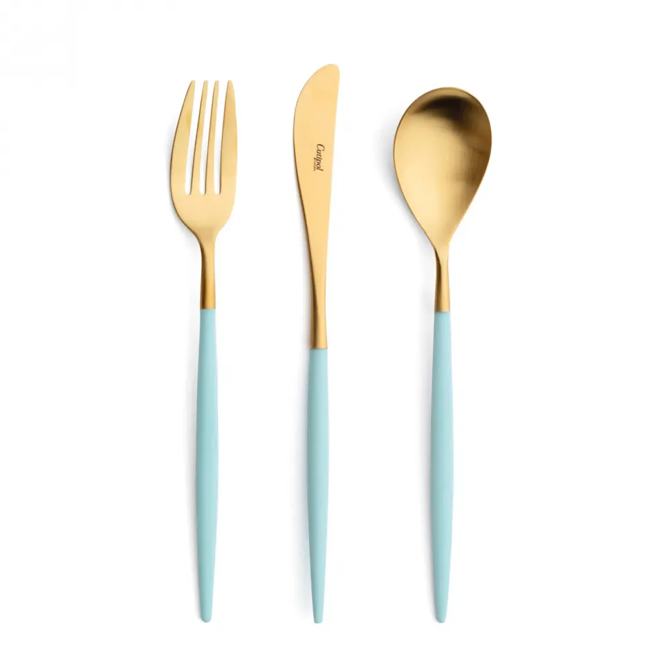 Mio Turquoise Handle/Gold Matte 60 pc Set Special Order (6x Dinner Knives, Dinner Forks, Table Spoons, Dessert Knives, Dessert Forks, Dessert Spoons, Fish Knives, Fish Forks, Coffee/Tea Spoons, Mocha Spoons)