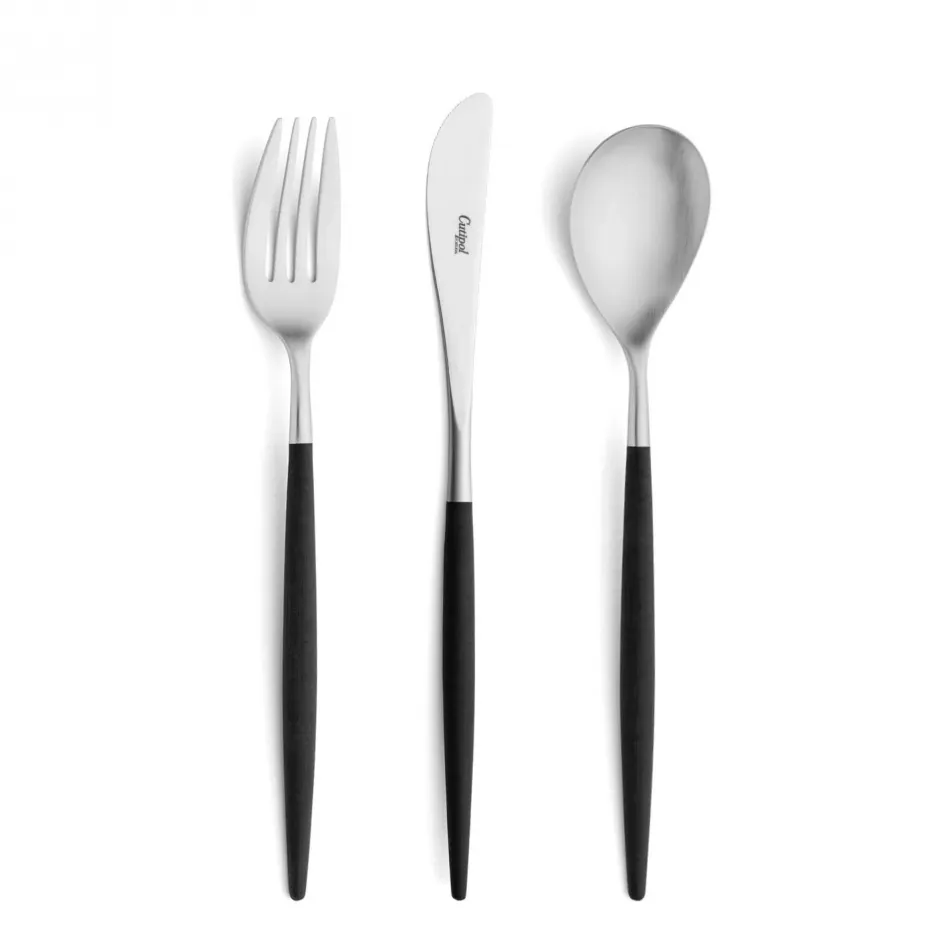 Mio Steel Black Handle/Steel Matte 75 pc Set Special Order (12x: Dinner Knives, Dinner Forks, Table Spoons, Coffee/Tea Spoons, Dessert Knives, Dessert Forks; 1x: Soup Ladle, Serving Spoon, Serving Fork)