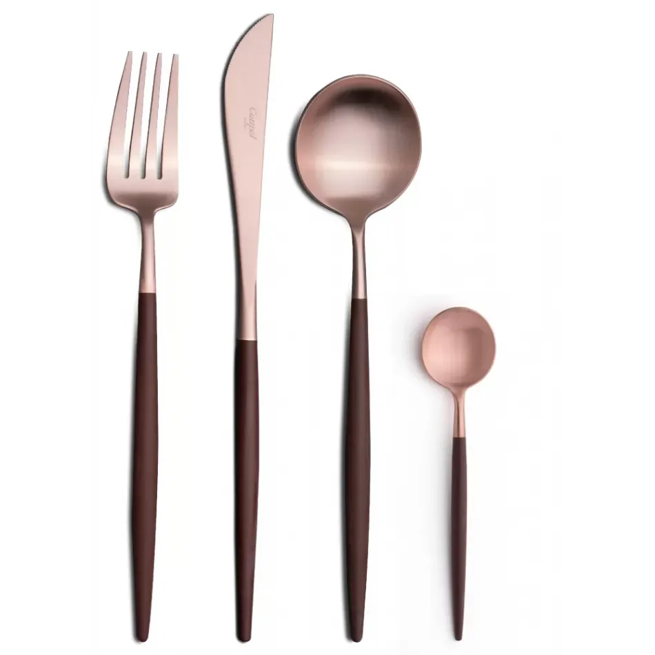 Goa Brown Handle/Rose Gold Matte 5 pc Set (Dinner Knife, Dinner Fork, Table Spoon, Dessert Fork, Dessert Spoon)