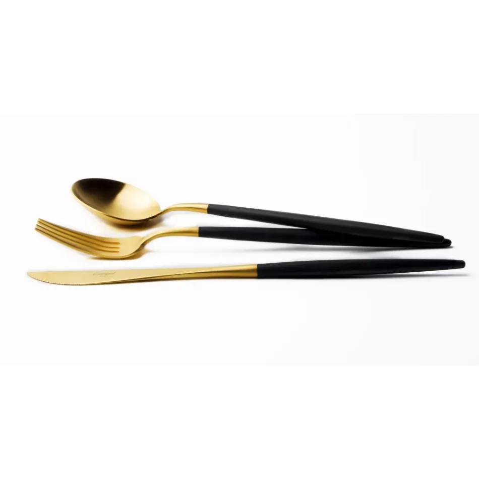 Goa Black Handle/Gold Matte 130 pc Set Special Order (12x: Dinner Knives, Dinner Forks, Table Spoons, Coffee/Tea Spoons, Mocha Spoons, Dessert Knives, Dessert Forks, Dessert Spoons, Fish Knives, Fish Forks; 1x: Soup Ladle, Serving Knife, Serving Fork, Serving Spoon, Sauce Ladle, Cheese Knife, Sugar Ladle, Pie Server, Fish Serving Knife, Fish Serving Fork)