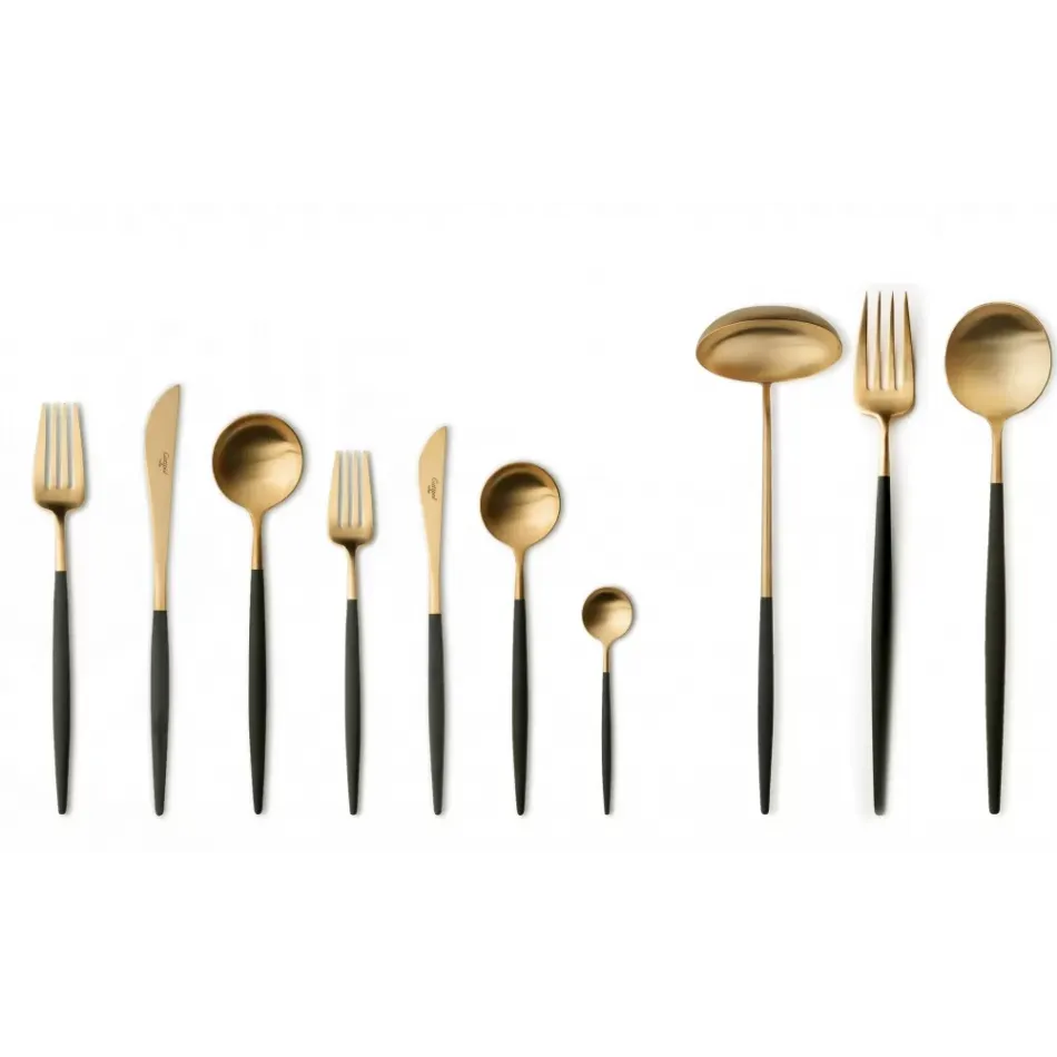 Goa Black Handle/Gold Matte 75 pc Set Special Order (12x: Dinner Knives, Dinner Forks, Table Spoons, Coffee/Tea Spoons, Dessert Knives, Dessert Forks; 1x: Soup Ladle, Serving Spoon, Serving Fork)