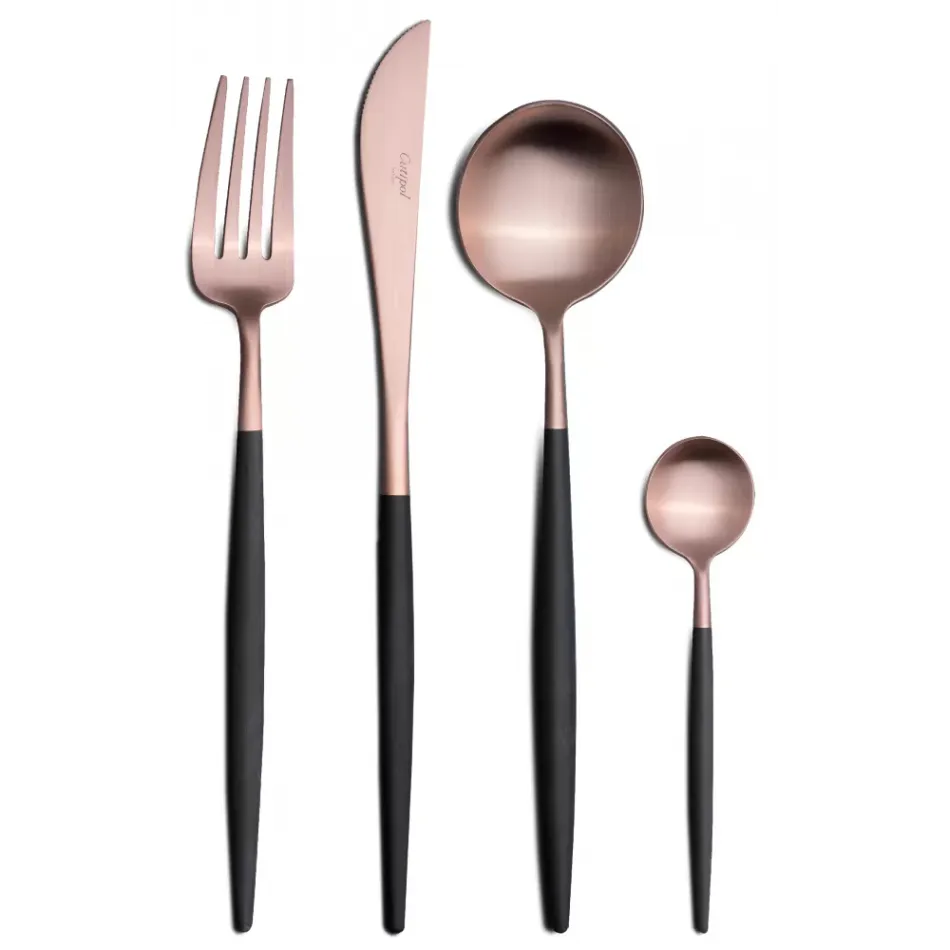 Goa Black Handle/Rose Gold Matte 75 pc Set Special Order (12x: Dinner Knives, Dinner Forks, Table Spoons, Coffee/Tea Spoons, Dessert Knives, Dessert Forks; 1x: Soup Ladle, Serving Spoon, Serving Fork)