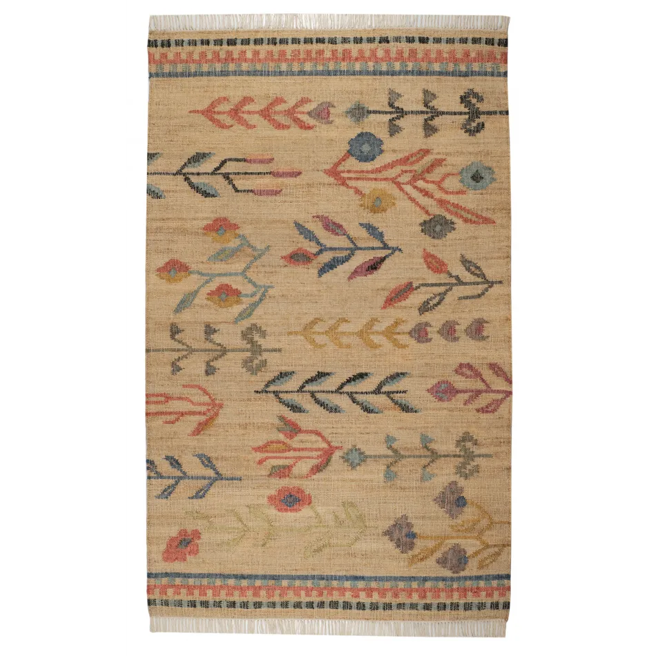 Folk Floral Kilim Natural Handwoven Jute Rug