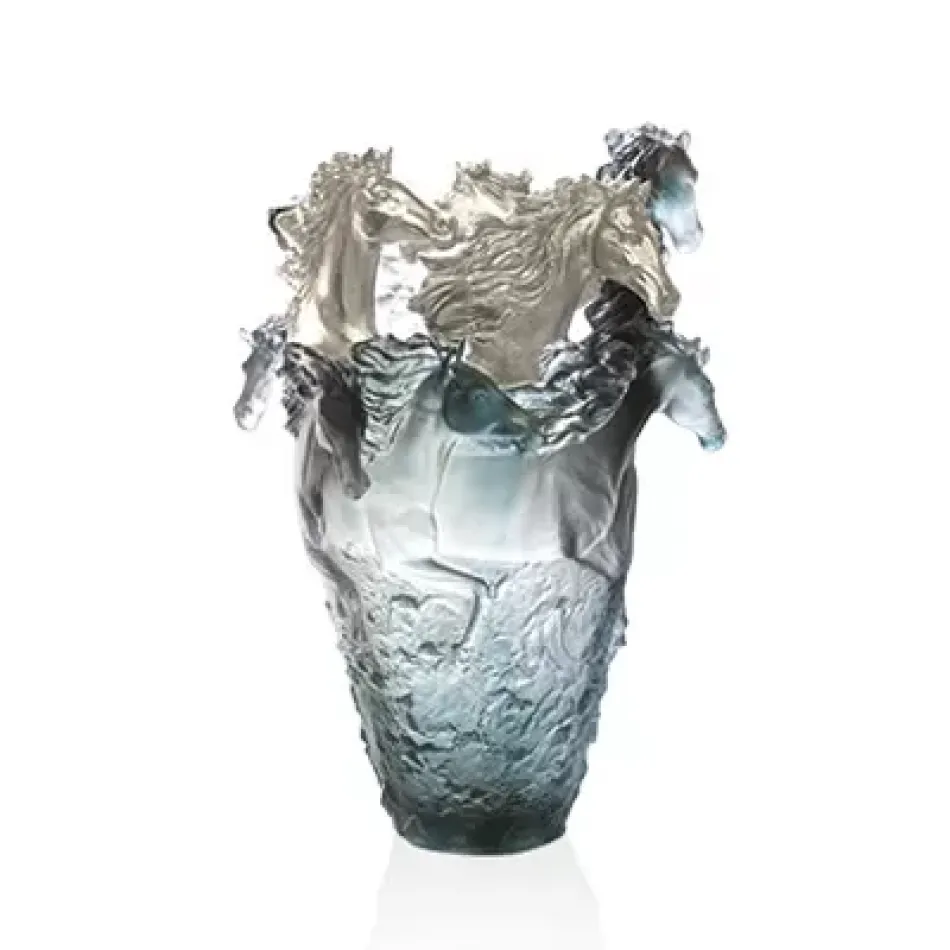 Grey Blue Horse Magnum Vase, 3 Silvered Heads (Special Order)