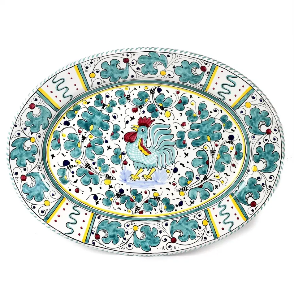 Orvieto Green Rooster Large Oval Platter 17 Long x 13 Wide