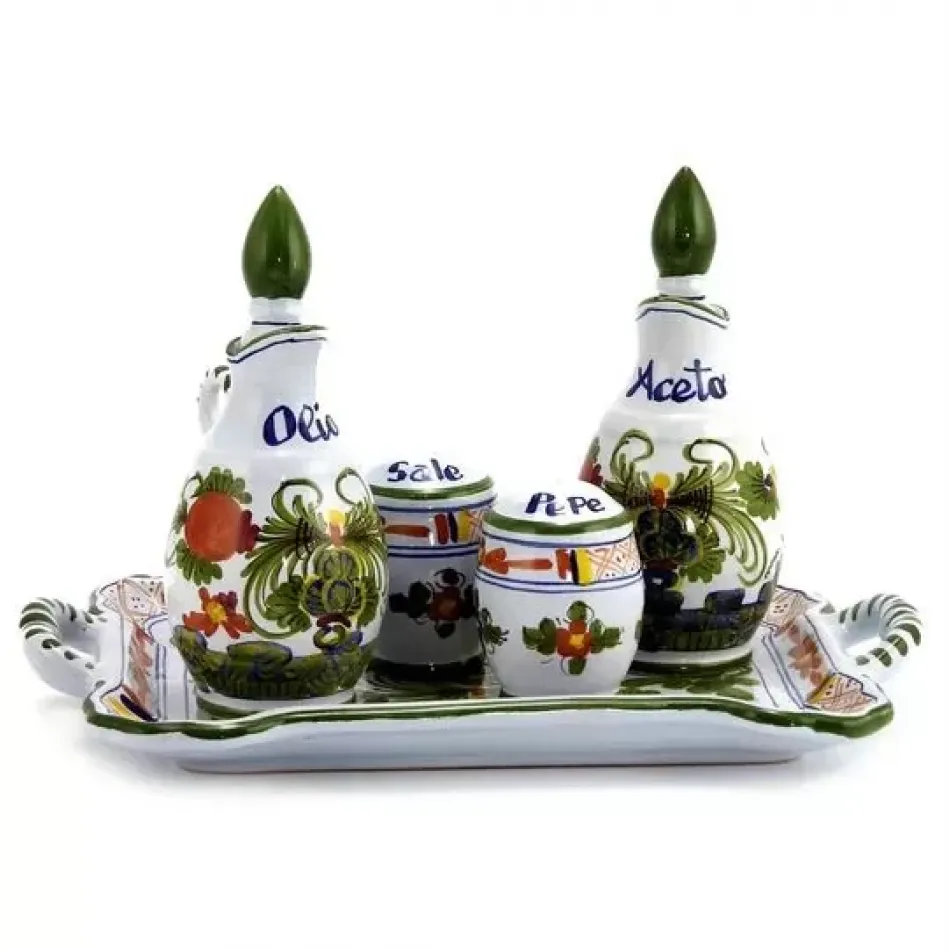 Faenza-Carnation Oil And Vinegar Salt And Pepper Menage Tray 11 Wide x 5 Deep Oil/Vinegar Bottles Hold 8 Oz.