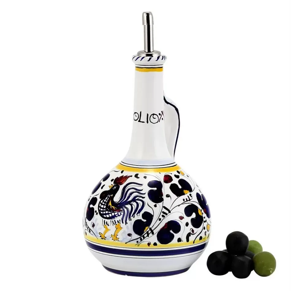 Orvieto Blue Rooster Olive Oil Bottle 5 in Rd x 10 high- Bottle Holds 24 Oz.