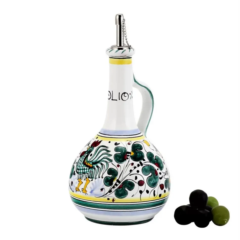 Orvieto Green Rooster Olive Oil Bottle 5 in Rd x 10 high- Bottle Holds 24 Oz.