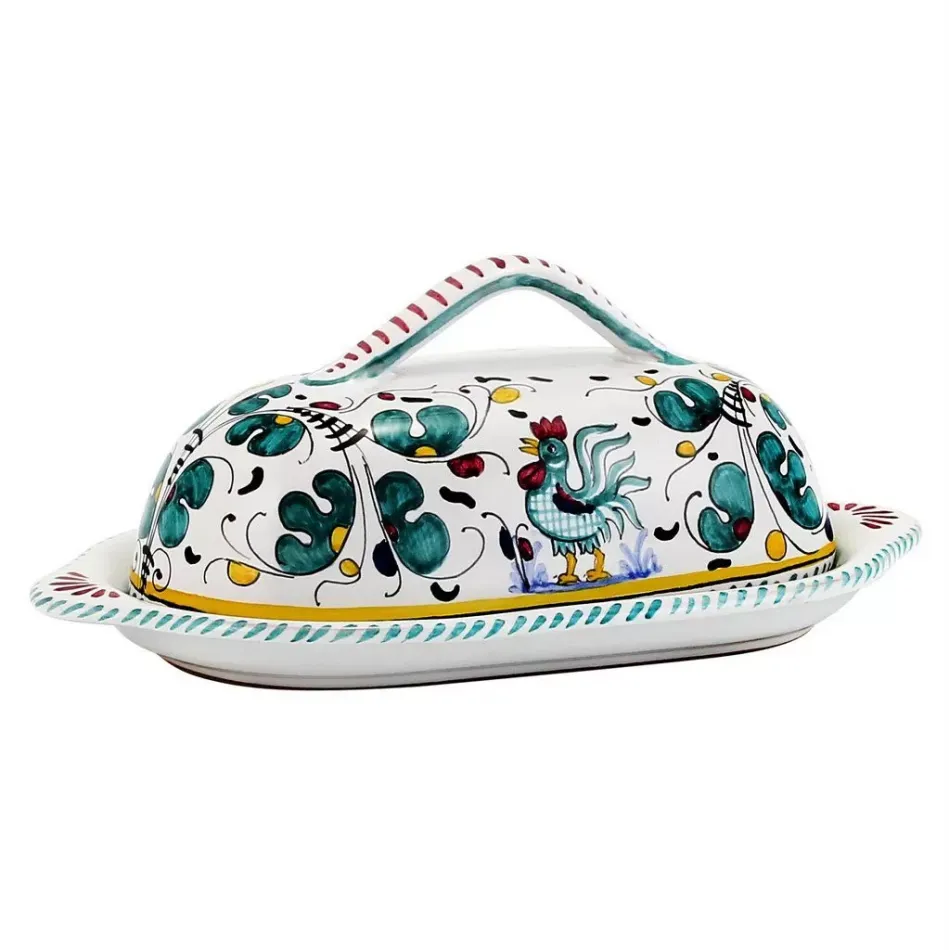 Orvieto Green Rooster Butter Dish W Cover 9 x 3 high