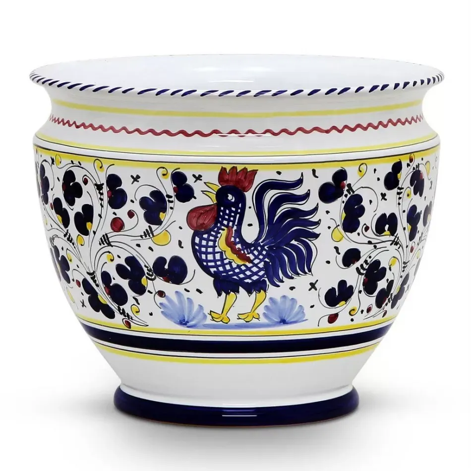 Orvieto Blue Rooster Luxury Cachepot Planter Large 14 in Rd x 12 high