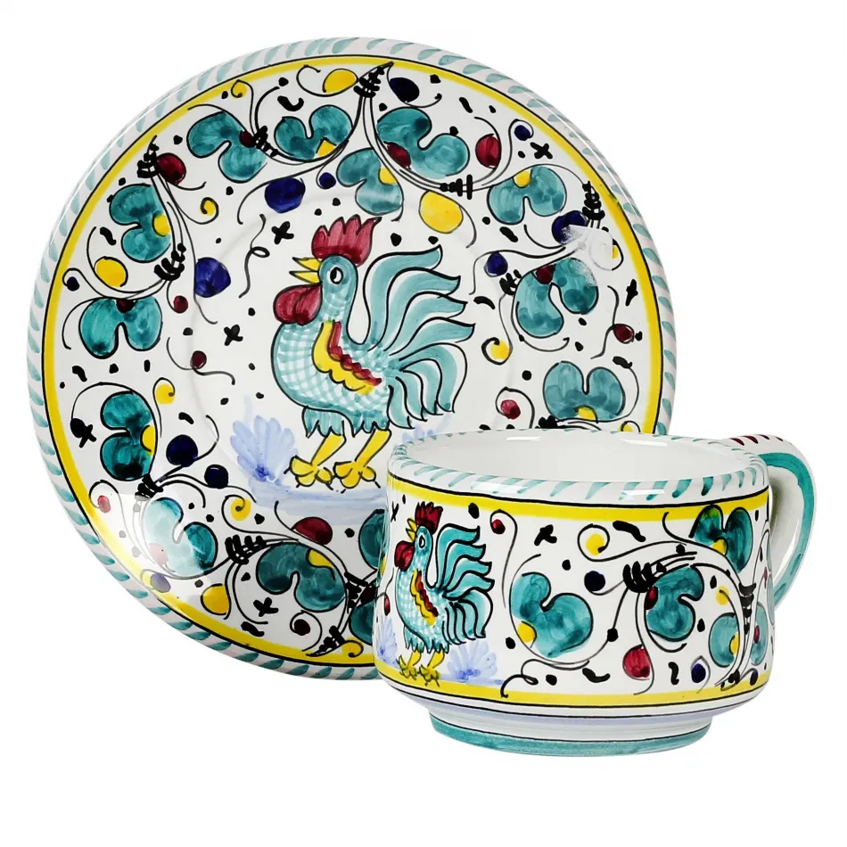 Orvieto Green Rooster Tea/Coffee Cup & Saucer Cup: 4.25 x 3 high (10Oz) Saucer: 7 in Rd